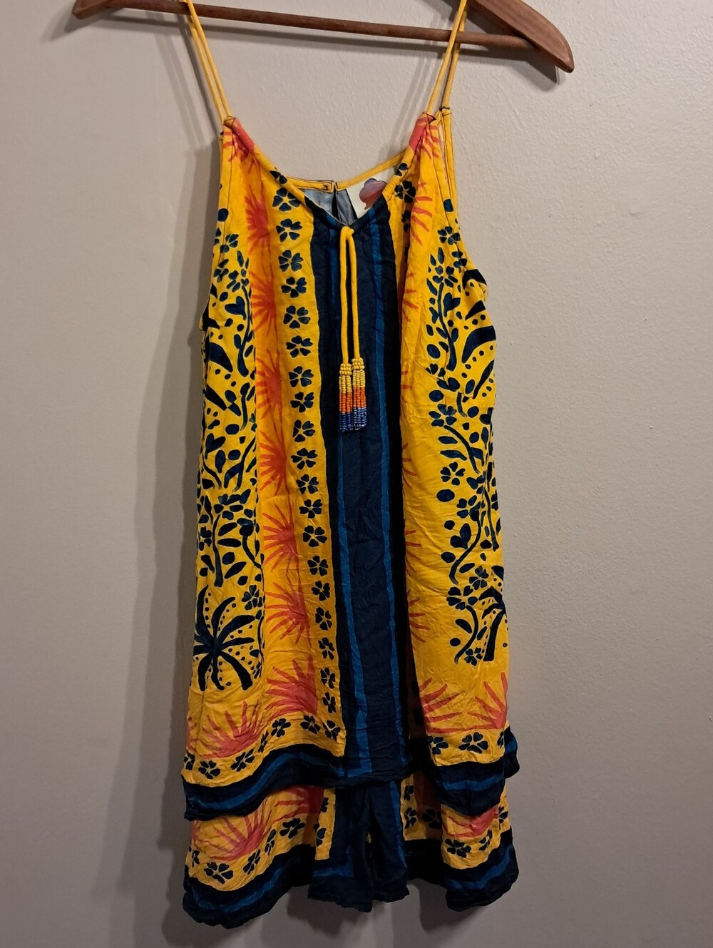 Farm Rio For Anthropologie Yellow & Blue Printed Romper with Tassel Tie
